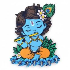 UV Printed 5mm Cute Baby Krishna Wooden Key Holder with Includes 2 Free Self-Adhesive Wall Hooks